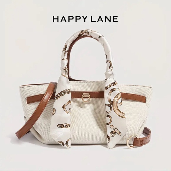 NWT Cream Textured Tote Bag Brown Trim Silk Scarf Happy Lane Shoulder Bag - Picture 10 of 13